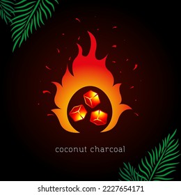 Red-hot coconut briquette and red flames of fire on a dark background. Coconut charcoal logo concept for grill, barbecue 