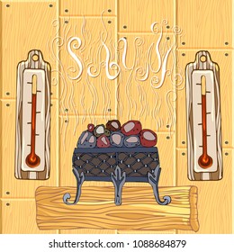 A red-hot stove heater for sauna, bath thermometer. Stylized inscription sauna on a wooden background. Vector illustration in the style of sketching.