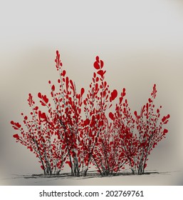 red-leaved small trees, shrubs