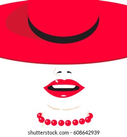 A red-lipped woman in a stylish red hat and necklace is featured in a minimalistic fashion illustration.