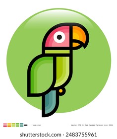 Perico enmascarado. Loro en círculo verde. Pájaro tropical multicolor. Ilustración de estilo geométrico.