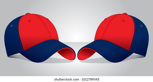 Red-Navy Blue Baseball Cap Design On Gray Backgriund, Vector File.