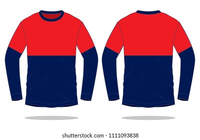 Red-Navy Blue Long sleeve T-Shirt Design on White Background.
Front and Back View, Vector File