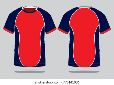 Red-Navy Blue Raglan Soccer Jersey Shirt With White Piping Design On White Background.Front And Back View, Vector File.