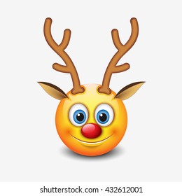 Red-nose reindeer emoticon, emoji character -  smiley -  vector illustration