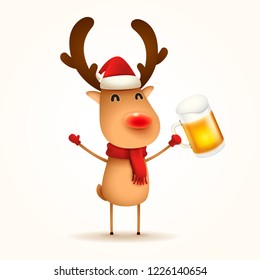 The red-nosed reindeer with beer. Isolated.