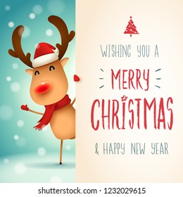 The red-nosed reindeer with big signboard. Merry Christmas calligraphy lettering design. Creative typography for holiday greeting.