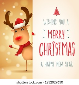 The red-nosed reindeer with big signboard. Merry Christmas calligraphy lettering design. Creative typography for holiday greeting.