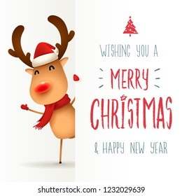 The red-nosed reindeer with big signboard. Merry Christmas calligraphy lettering design. Creative typography for holiday greeting.