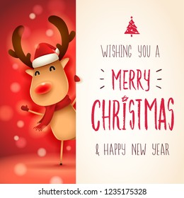 The red-nosed reindeer with big signboard. Merry Christmas calligraphy lettering design. Creative typography for holiday greeting.