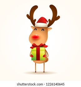The red-nosed reindeer with gift present. Isolated.