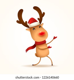 The red-nosed reindeer greets. Isolated.