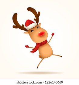 The red-nosed reindeer jumps. Isolated.