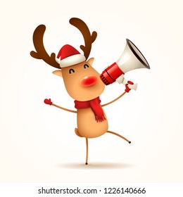 The red-nosed reindeer with megaphone. Isolated.