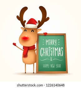 The red-nosed reindeer with message board. Isolated.