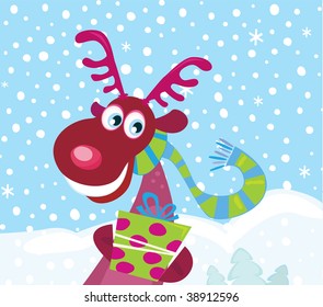 Red-nosed Reindeer on snow with christmas present. Vector Illustration.