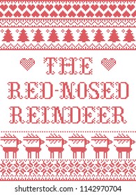 The red-nosed reindeer Scandinavian vector seamless pattern inspired by nordic culture festive winter in cross stitch with heart, snowflake, star,  snow, Christmas tree
