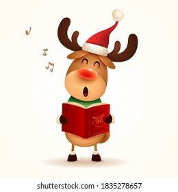 The Red-nosed Reindeer singing Christmas carol. Isolated.