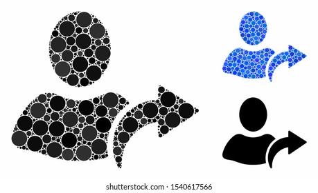 Redo mosaic of small circles in variable sizes and color hues, based on redo icon. Vector small circles are organized into blue mosaic. Dotted redo icon in usual and blue versions.