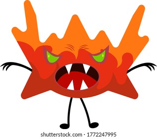 red-orange angry Monster with green bright eyes and sharp fangs eerily posing on a white background Halloween and mysticism concept