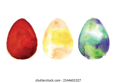 Red-orange blue. Hand drawn watercolor tree eggs illustration collection isolated. Easter elements on paper texture. Water color egg for holiday spring or watercolour