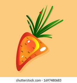 Red-orange carrot with ladybug. Vegan organic food. Healthy delicious. Fresh detox diet. Time for cooking. Cartoon symbol. Postcard and wallpaper. Vector illustration. 