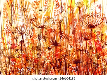 red-orange horizontal thickets/ meadow/ abstract watercolor background/ vector illustration