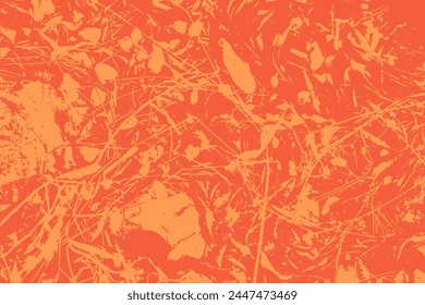 Textura rojo-naranja con estampado floral abstracto para superposición. Líneas y puntos ásperos caóticos. Fondo monocromo de Vector gastado rayado con siluetas de hierba