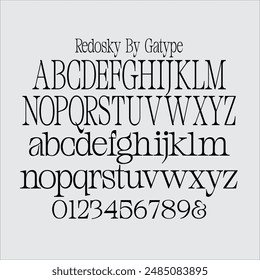 Redosky ist eine vielseitige Schriftart mit einer sauberen, schlanken Serifenform. Die Schriftart als Ganzes ist stark in der Vermittlung von Ordnung und Harmonie zwischen Buchstaben. 