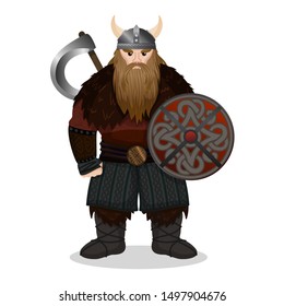 Redoubtable viking with ax and shield on white. Viking warrior male with a bear skin on his shoulder. Vector illustration