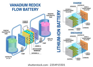 Redox flow batteries and Li-ion battery diagram. Vector. Device that converts chemical potential energy into electrical energy. Electrochemical cell where chemical energy is provided by two chemical