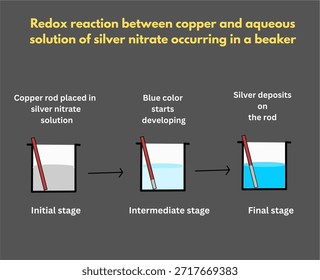Redox-Reaktion zwischen Kupfer und wässriger Lösung von Silbernitrat, die in einem Becherchemie-Diagramm auftritt