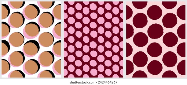 Red-Pink Dotted Seamless Vector Patterns. Hand Drawn Dots Isolated on a White, Dark Red and Light Pink Background. Freehand Polka Dots Print. Simple Irregular Geometric Repeatble Design.