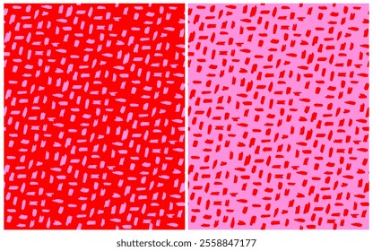 Red-pink Knitted Fabric Texture. Seamless Vector Pattern with Irregular Spots Isolated On A Red and Pink Background. Endless Print with Hand Drawn Brush Spots. Messy Pattern with Short Stripes. RGB.