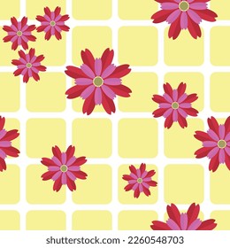 Red-Pink Retro Flowers On Yellow Squares. Seamless Patterns Background. Vector Illustration. Tablecloth, Picnic mat wrapper. SHOTLISTretro