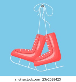 Patines rocinados de color rojo sobre un fondo azul, para patinar sobre hielo. Ilustración plana vectorial.
