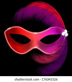 a red-purple carnival half mask with feathers