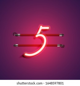 Red/purple realistic neon '5' character, vector illustration