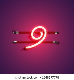 Red/purple realistic neon '9' character, vector illustration