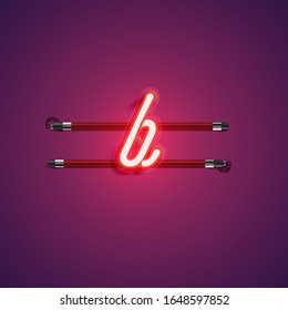 Red/purple realistic neon 'b' character, vector illustration