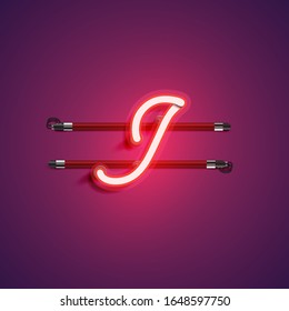 Red/purple realistic neon 'I' character, vector illustration