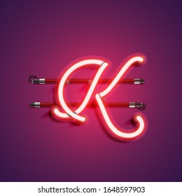 Red/purple realistic neon 'K' character, vector illustration