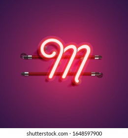 Red/purple realistic neon 'M' character, vector illustration