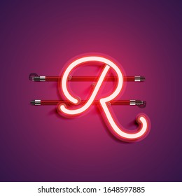 Red/purple realistic neon 'R' character, vector illustration