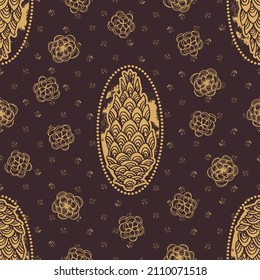 Red-purple seamless pattern with gold decorative pine cone medallions. Vector illustration, digital background, surface design