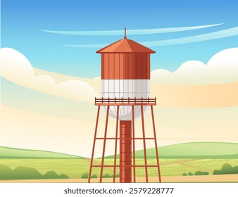 Red-roofed water tower with a metal framework. Tall, narrow structure. Rural setting with a distant horizon. Vector illustration with rural landscape background