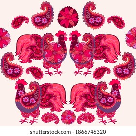 Red-tailed badass roosters painted in folklore style. Bright seamless pattern.