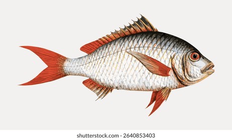 Red-tailed Gilt-head, fish vintage illustration isolated on white, vector. 
