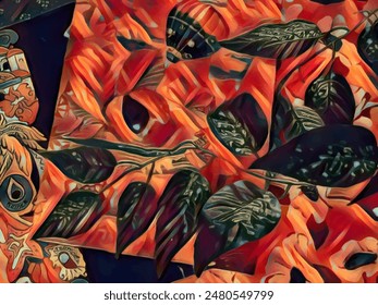 A red-themed abstract collage featuring dark green leaves, intricate patterns, and bold geometric shapes. The artwork combines vibrant colors with rich textures, evoking a sense of intense energy.