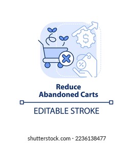 Reduce abandoned carts light blue concept icon. Offer lower price. Discount strategy abstract idea thin line illustration. Isolated outline drawing. Editable stroke. Arial, Myriad Pro-Bold fonts used